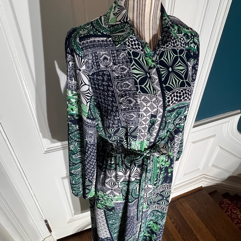 Green patchwork print loft small women’s belted m… - image 4